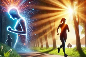 DALL·E 2024-10-06 14.42.01 – An uplifting and inspiring image depicting exercise as the best remedy for anxiety and depression. The scene shows a person jogging on a path surround